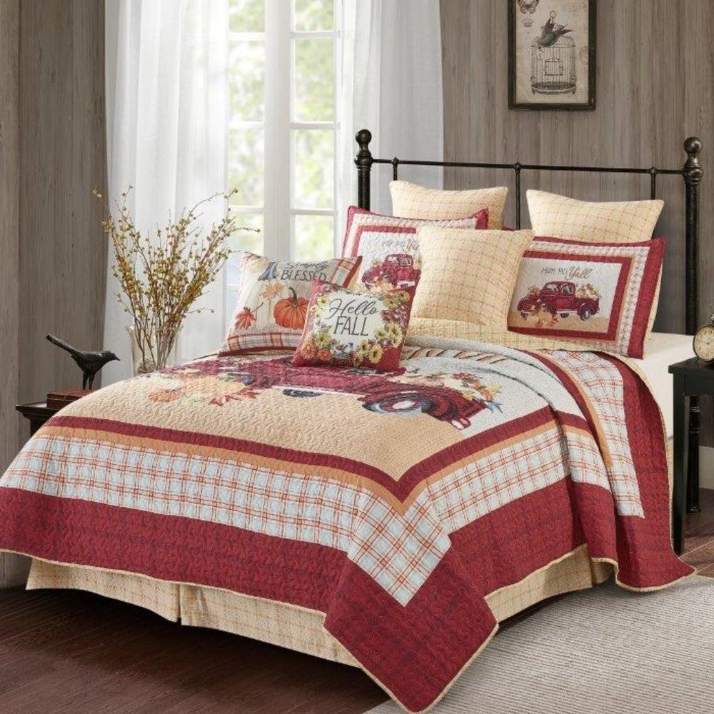 Farmhouse Red Truck HAPPY FALL Y'ALL Printed Queen Quilt Set Vintage Country